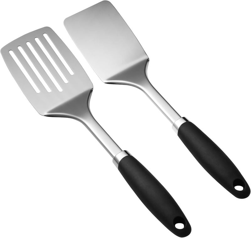 JXWING Stainless Steel Spatulas Set, 2 Pack Heavy Duty Solid & Slotted Turner, Metal Spatulas for Kitchen Use, High Heat Resistant Cooking Utensils for Fish Eggs Pancakes - Image 1